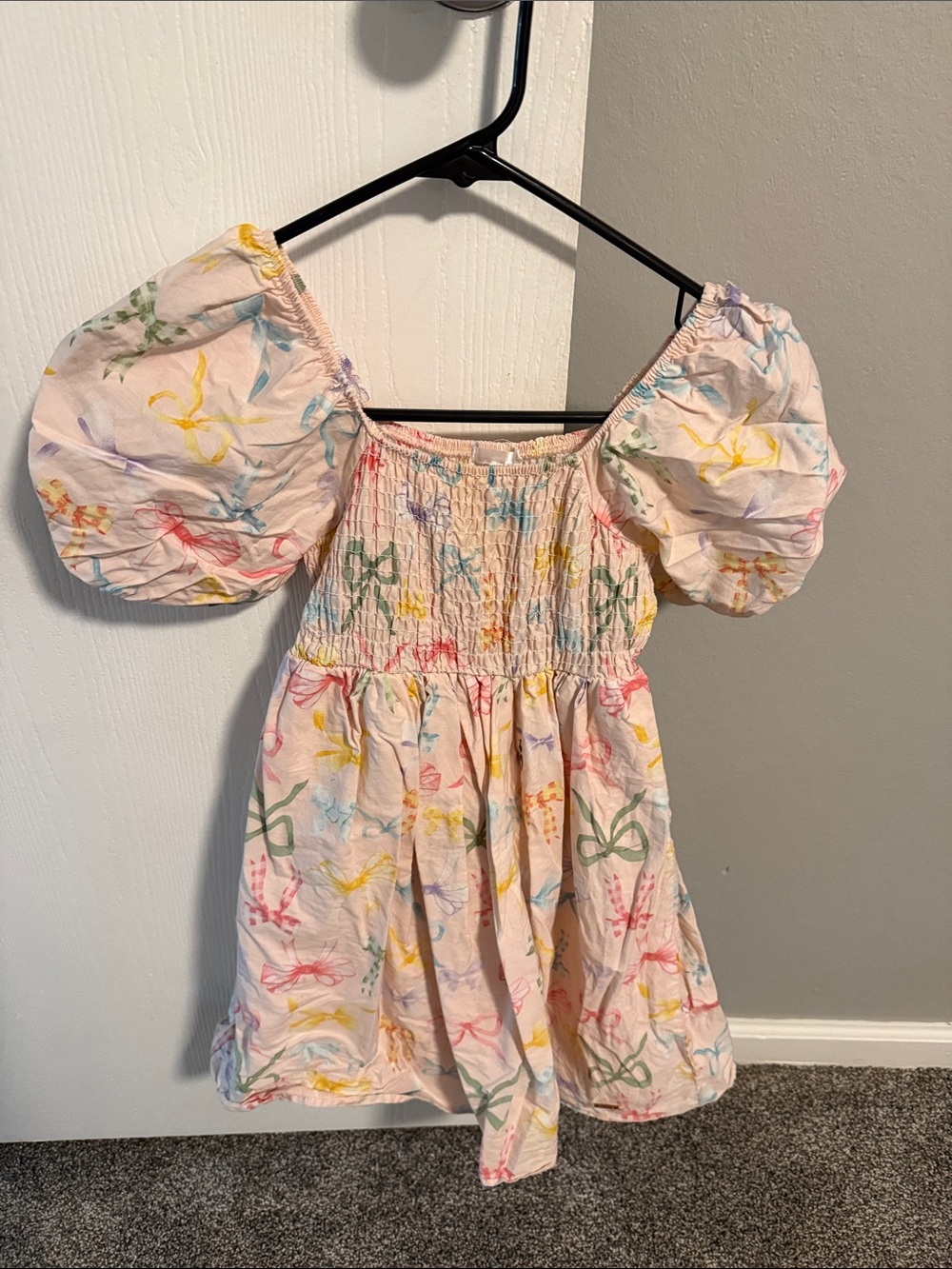Girls' Pastel Bow Print Puff Sleeve Dress - Pink
